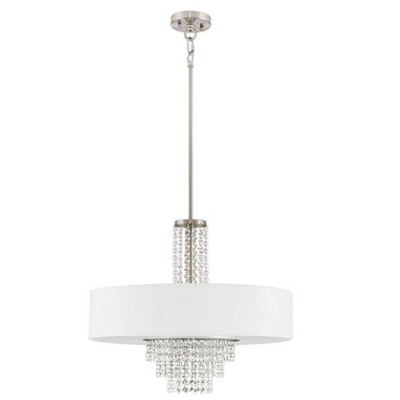 Carlisle Brushed Nickel Drum Pendant with Clear Crystals and Off-White Shade