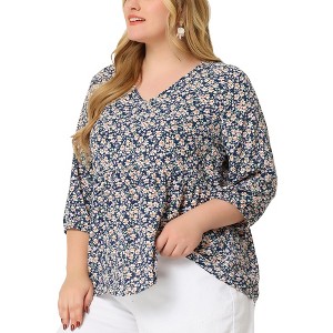 Agnes Orinda Women's Plus Size V Neck Babydoll 3/4 Lantern Sleeve Casual Floral Flowy Blouses - 1 of 4