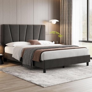 Modern Linen Upholstered Bed Frame with Adjustable Headboard, Wood Slat Support - 1 of 4