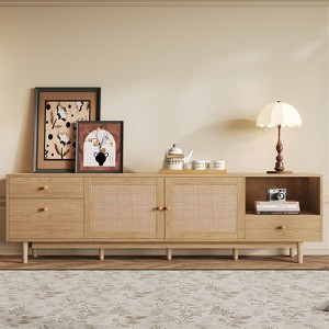 TIRAMISUBEST Mid Century TV Stand 80 Inch Rattan Doors 2 Drawers Open Shelf Woodgrain MDF Solid Wood Legs Soft Close Living Room - 1 of 4