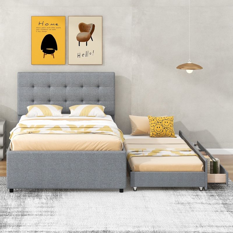 Upholstered Platform Bed with Pull-out Twin Size Trundle Bed and 3 Drawers-ModernLuxe, 2 of 14