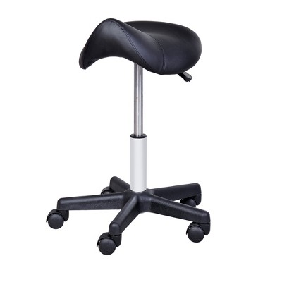 HomCom Adjustable Hydraulic Rolling Faux Leather Saddle Stool - Black