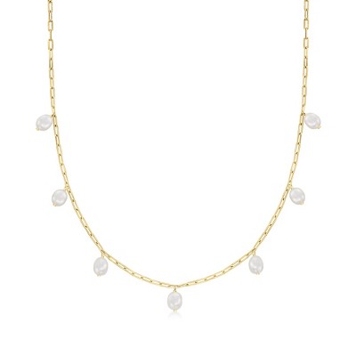 Ross-Simons 7-7.5mm Cultured Pearl Station Paper Clip Link Necklace in 18kt Gold Over Sterling Size 18