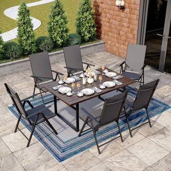 7pc Patio Dining Set with Faux Wood Rectangular Table with Umbrella Hole & Folding Reclining Chairs - Captiva Designs