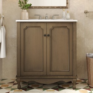 Christopher Knight Home Reese Vintage 30" Wood Bathroom Vanity with Ceramic Sink and 2 Doors, Antique Brown - 1 of 4