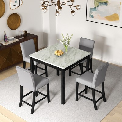 5 Piece Dining Table Set with 4 Upholstered Chairs, Counter Height Dining Set, Compact Mid-Century Modern Table and Chair Set, Gray+Black-ModernLuxe