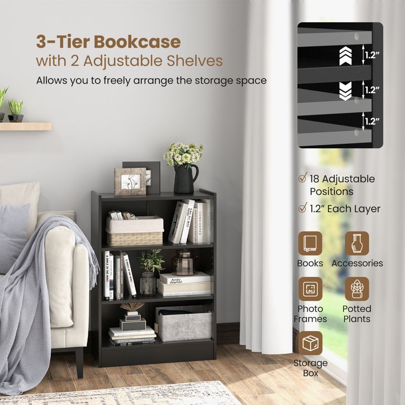 Tangkula 3-Tier Bookcase Open Bookshelf Cube Storage Organizer Floor Standing Display Bookcase with Adjustable Shelves Rustic Brown/Black/White, 4 of 10