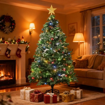 6.5 Ft Pre-Lit Christmas Tree, Artificial Xmas Tree with 1000 Branch Tips, Top Star, 350 Lights