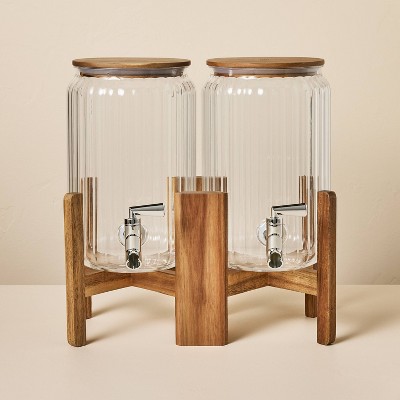 Double Beverage Dispenser with Wood Stand
