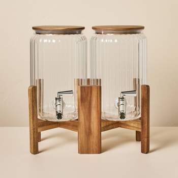 3gal Ribbed Acrylic Double Beverage Dispenser with Wood Stand - Hearth & Hand™ with Magnolia