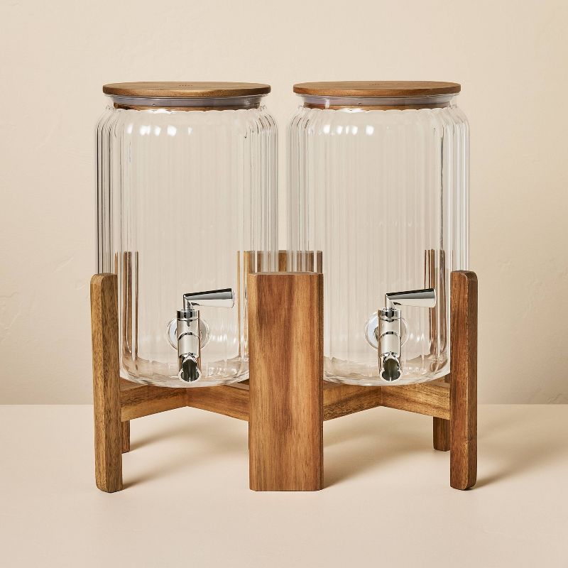 3gal Ribbed Acrylic Double Beverage Dispenser with Wood Stand - Hearth &#38; Hand&#8482; with Magnolia, 1 of 5