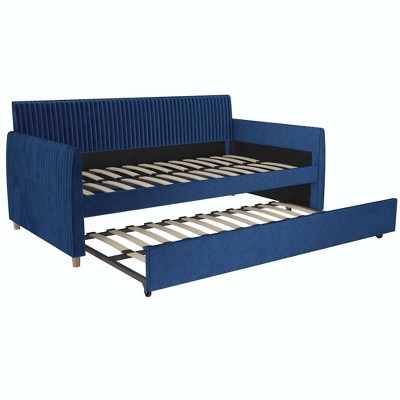 Twin Blue Velvet Upholstered Daybed with Trundle and Tufted Headboard