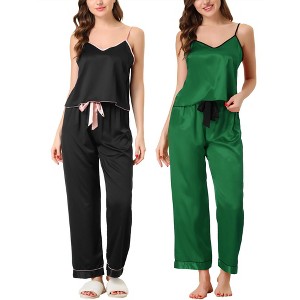 cheibear Women's Satin Silky Sleepwear Suspender Cami Top Long Pants Soft Pajama Set 2Packs - 1 of 4