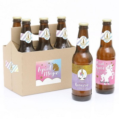 Big Dot of Happiness Rainbow Unicorn - Magical Unicorn Baby Shower or Birthday Party Decor for Women & Men - 6 Beer Bottle Label Stickers & 1 Carrier