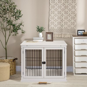 Angel Sar Wooden Dog Crate End Table with 2 Lockable Doors, Indoor Pet Kennel Furniture with Top Shelf, White MDF Cage for Dogs up to 44 lbs - 1 of 4