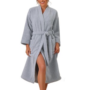 cheibear Women's Fuzzy Fluffy Robe Plush Bathrobe Fleece Winter Warm Thick Self Tie Long Bathrobe for After Shower Spa Bath - 1 of 4