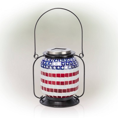 7" Solar Patriotic Glass/Iron Hanging Lantern with LED Lights Cool White - Alpine Corporation: Outdoor Decorative LED Lantern, AA Battery Powered