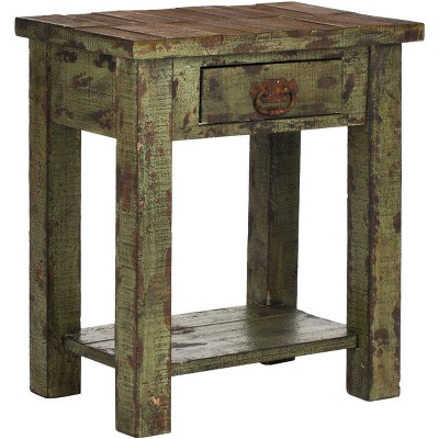 Antique Green Fir Wood Accent Table with Storage