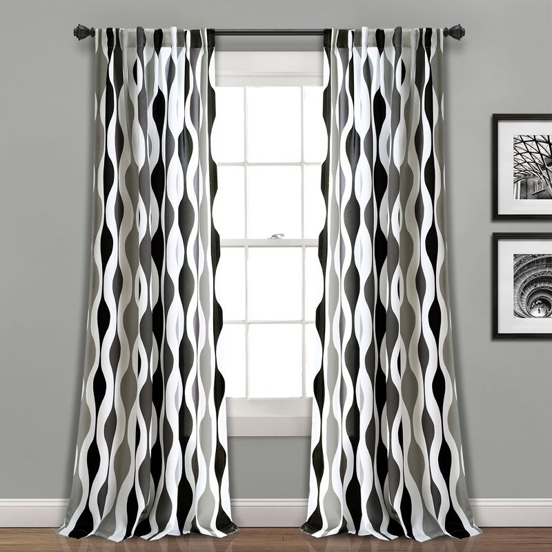 Home Boutique Mid Century Geo Light Filtering Window Curtain Panels Black/Gray 52x84 Set, 1 of 2