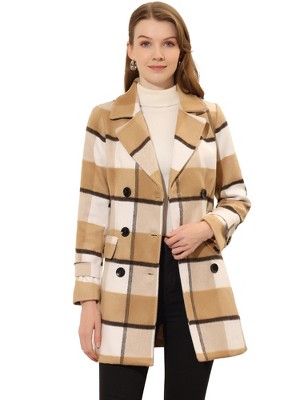 Allegra K Women's Notched Lapel Double Breasted Winter Plaids Overcoat