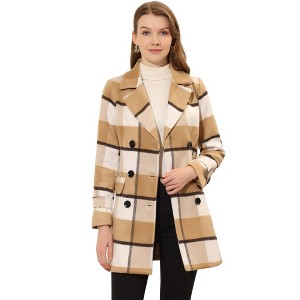 Allegra K Women's Notched Lapel Double Breasted Winter Plaids Overcoat - 1 of 4