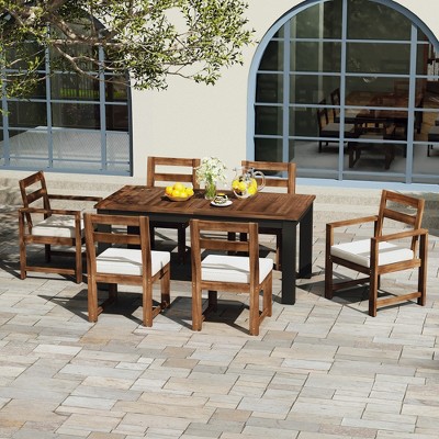 Whisen 7 Piece Patio Table and Chairs Set, Wood Dining Set with Umbrella Hole, 2 Armchairs & 4 Side Chairs