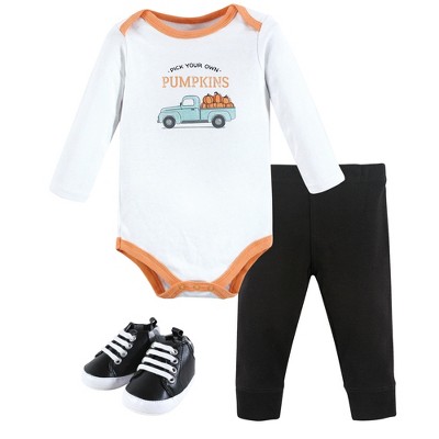 Image of Hudson Baby Infant Boy Cotton Bodysuit, Pant and Shoe Set, Pumpkin Truck, 0-3 Months