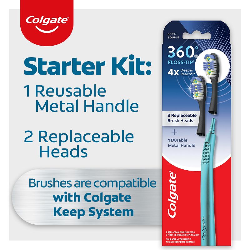 Colgate 360 Floss Tip Toothbrush with Metal Handle and 2 Replaceable Brush Heads - Trial Size - Blue, 5 of 10