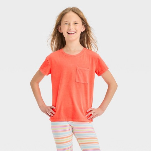 Girls' Short Sleeve Pocket T-Shirt - Cat & Jack™ Neon Orange XS