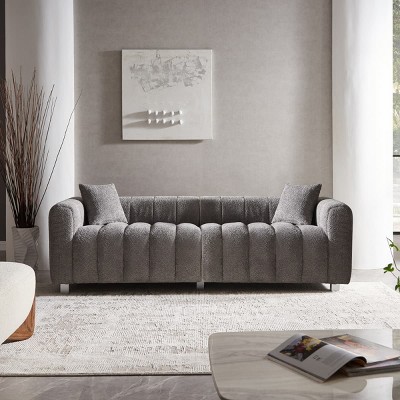 87.4'' Dark Gray Velvet 3 Seater Sofa with Bubble Upholstery, Modern Upholstered Couch with Metal Legs and 2 Pillows for Living Room-Maison Boucle