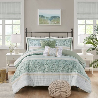 Madison Park 5pc King/California King Tulia Seersucker Comforter Bedding Set with Throw Pillows Green - Madison Park: Microfiber, Botanical Pattern — фото 3