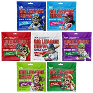 Big League Chew 7 Pack Variety Baseball Gum Pouches Outta Here Original, Grape, Cotton Candy & Sour Apple – Classic Shredded Baseball Gum - 1 of 4