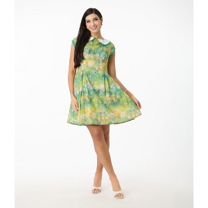 Smak Parlour Women's Fit & Flare Dress Green Painted Garden - 1 of 3