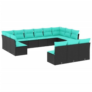 vidaXL Patio Sofa Set 13 Piece Black Poly Rattan with Cushions - Modular Garden Furniture for Outdoor, Terrace, Deck, Patio - Blue Fabric - 1 of 4
