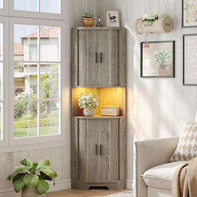 65" Tall Corner Display Storage Cabinet with Tambour Sliding Doors & RGB LED Light, Grey