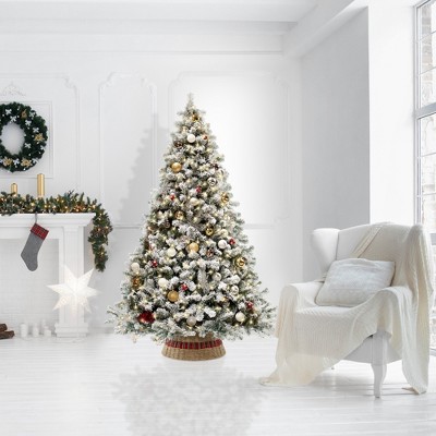 24-Inch Natural Seagrass Woven Christmas Tree Collar with Tartan Plaid Ribbon