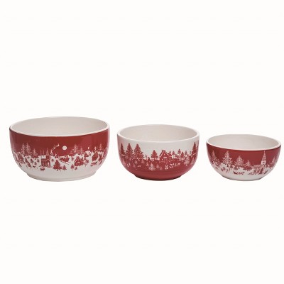 Transpac Ceramic Red Christmas Toile Bowls Set of 3