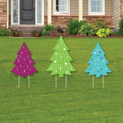 Big Dot of Happiness Merry and Bright Trees - Outdoor Lawn Sign Decorations with Stakes - Colorful Whimsical Christmas Party Yard Display - 3 Pieces