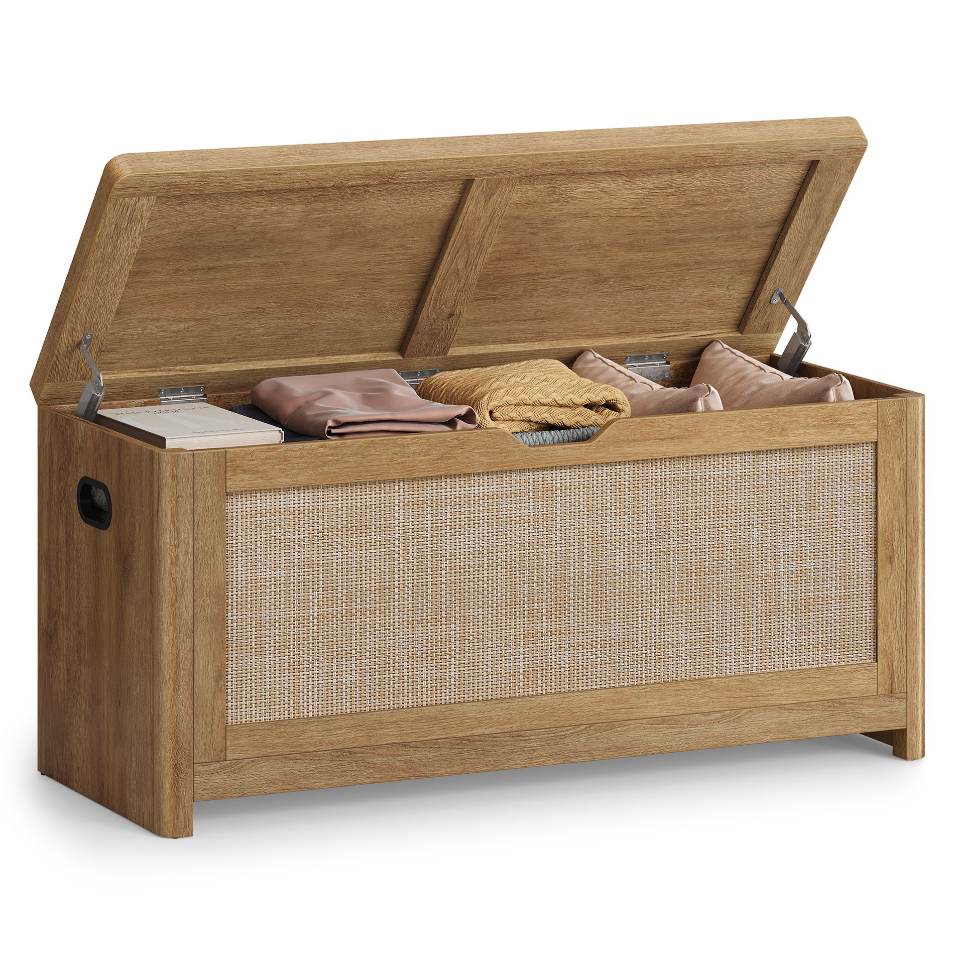 VASAGLE ELLAN Collection - Boho Storage Bench with Rattan Look, Storage Chest with Rounded Corners, Blanket Chest and Trunk with Seat, Natural Brown