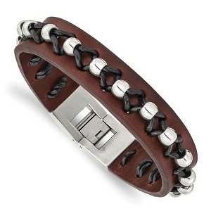 Black Bow Jewelry Men's Brown Leather and Stainless Steel Bead Bracelet - 8.5 Inch - 1 of 4