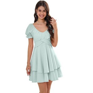 Coolmee Women's Ruffle Wrap Flowy Dress Puff Sleeve Flounce Short Sleeve A Line Mini Dress - 1 of 4