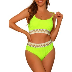 Elerevyo Women's High Waisted Ribbed Adjustable Spaghetti Straps Push Up Swimsuit Bathing Suits 2 Pcs - 1 of 4
