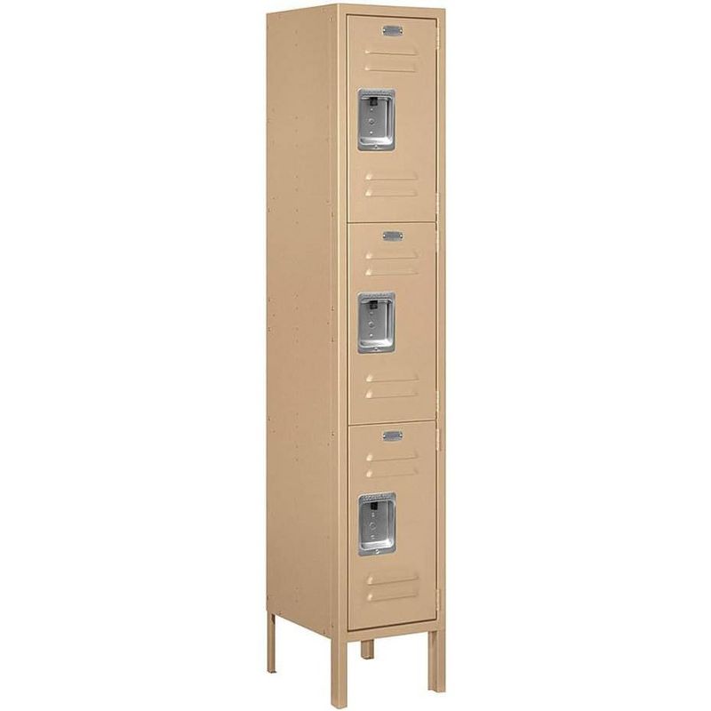 Salsbury Industries Assembled 3-Tier Standard Metal Locker with One Wide Storage Unit, 5-Feet High by 12-Inch Deep, Tan, 1 of 2