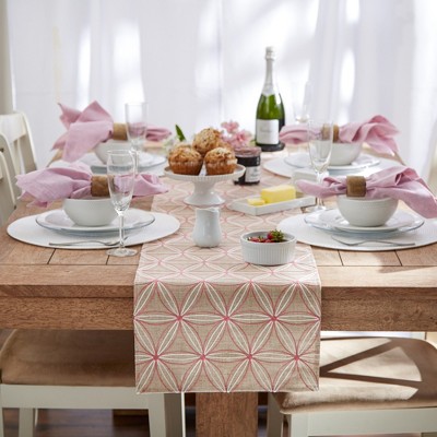 Natural Beige and Pink Embroidered Cotton Table Runner, 14x70