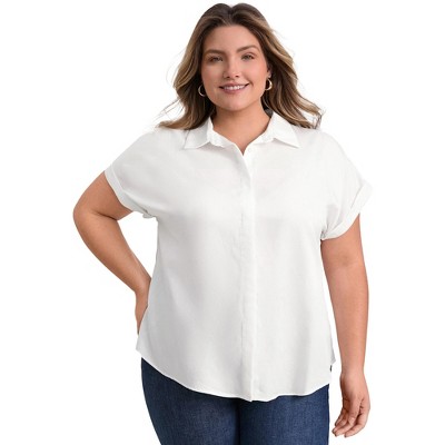 GRACE & GRANDEUR Women's Plus Size Collared Rolled Cuffed Short Sleeve Casual Button-Down Shirts