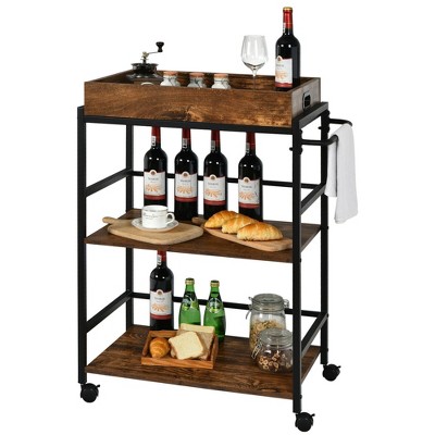 Costway 3-Tier Rolling Bar Cart Kitchen Serving Cart w/ Removable Tray & Handle