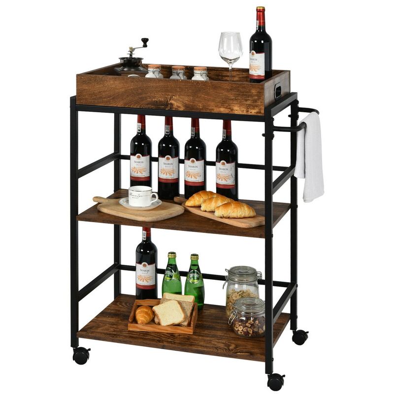 Costway 3-Tier Rolling Bar Cart Kitchen Serving Cart w/ Removable Tray & Handle, 1 of 11