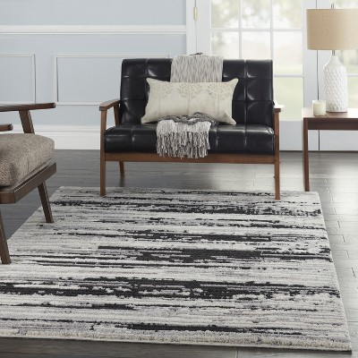 Ivory Charcoal Abstract Hand-Knotted 5'3" x 7'3" Synthetic Area Rug