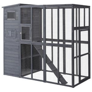 PawHut Outdoor Catio, Cat House Wooden Feral Cat Shelter, Cat Cage with Platforms, Waterproof Asphalt Roof, Ramps - 1 of 4