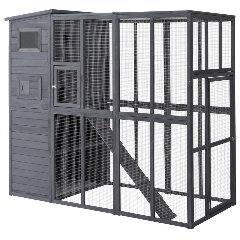 PawHut Cat House Outdoor Catio Kitty Enclosure with Platforms Run Lockable Doors and Asphalt Roof, 77" x 37" x 69", 1 of 8
